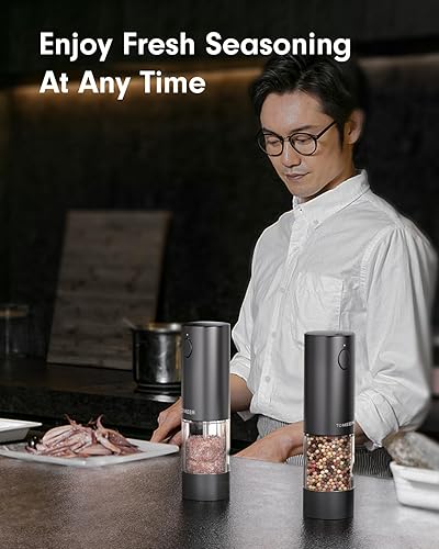 Miniatura 8 de TOMEEM Juego de molinillo eléctrico de sal y pimienta de mayor capacidad, recargable con luces LED, molinillo automático de pimienta y sal de acero