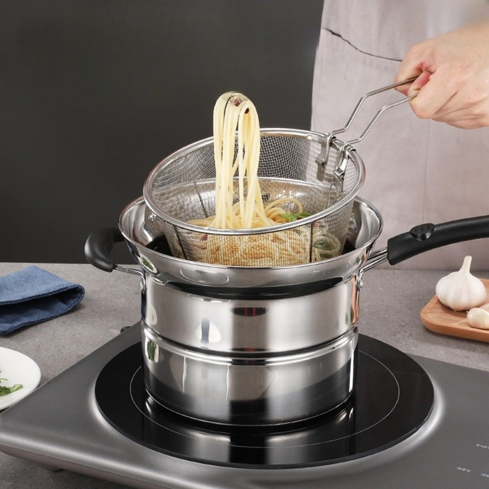 Olla de vapor de acero inoxidable con mango plegable, base de 3 capas para inducción y gas, cocina multifuncional para cocina doméstica, color plateado