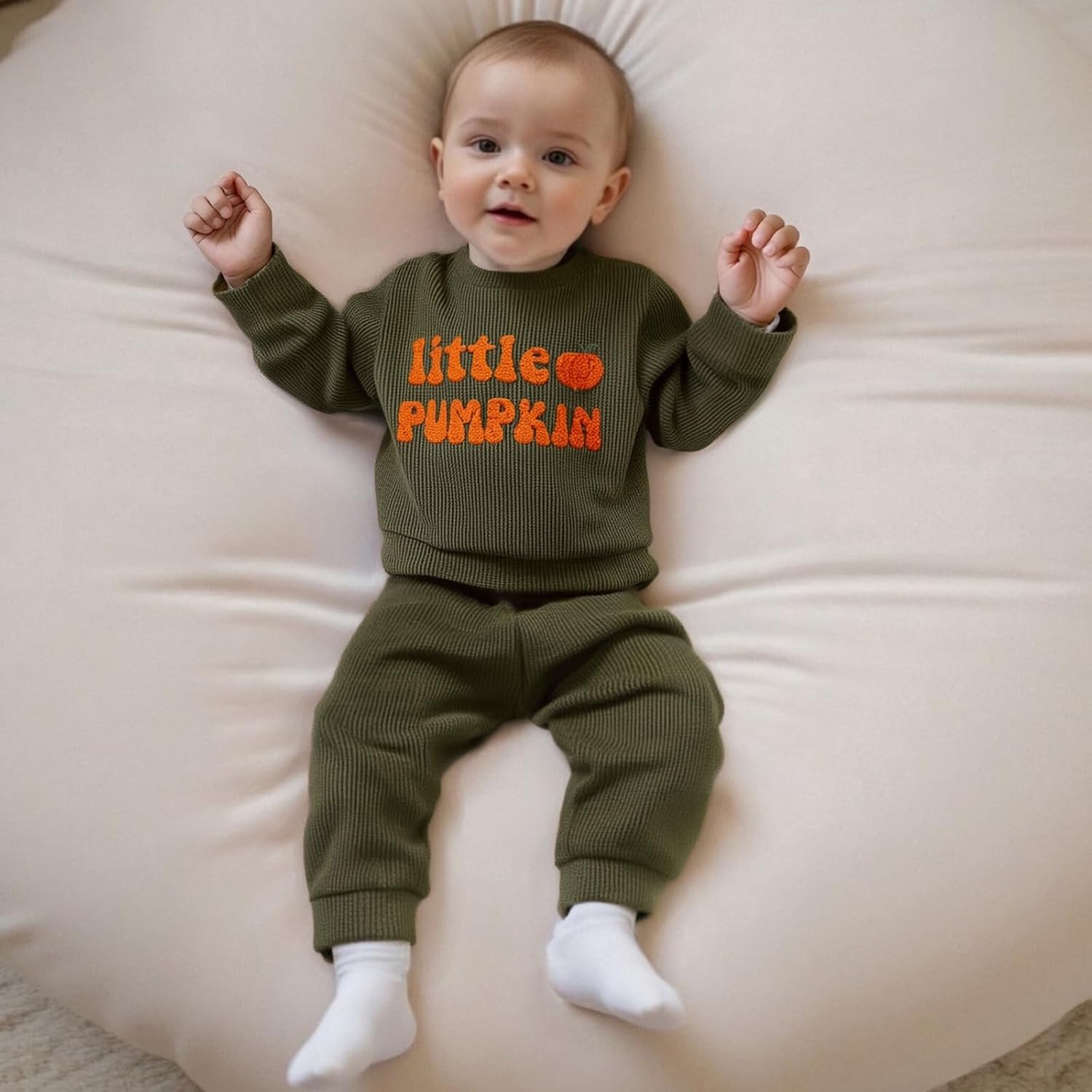 Toddler Baby Boy Halloween Outfit Little Pumpkin Embroidery Long Sleeve Waffle Knit Sweatshirt Pants Set 2Pcs Clothes - Image 4