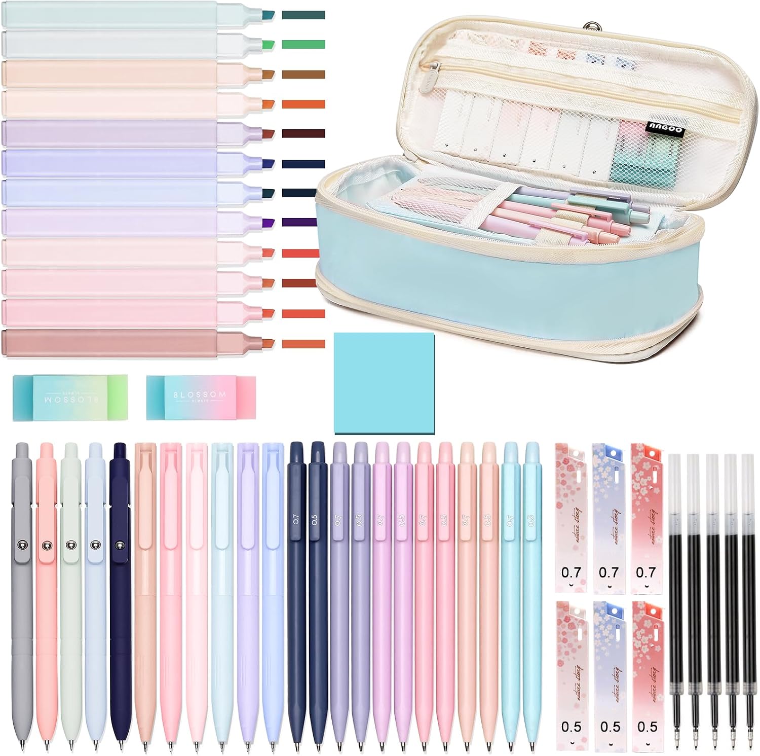 50 PCS Aesthetic School Supplies with Cute Pen Case,12 Pastel Highlighters,5 Black Ink Gel Pens, 12 Mechanical Pencils Set 0.5 & 0.7 mm 6 Color Gel Pens for Students Stationary College Essentials Blue