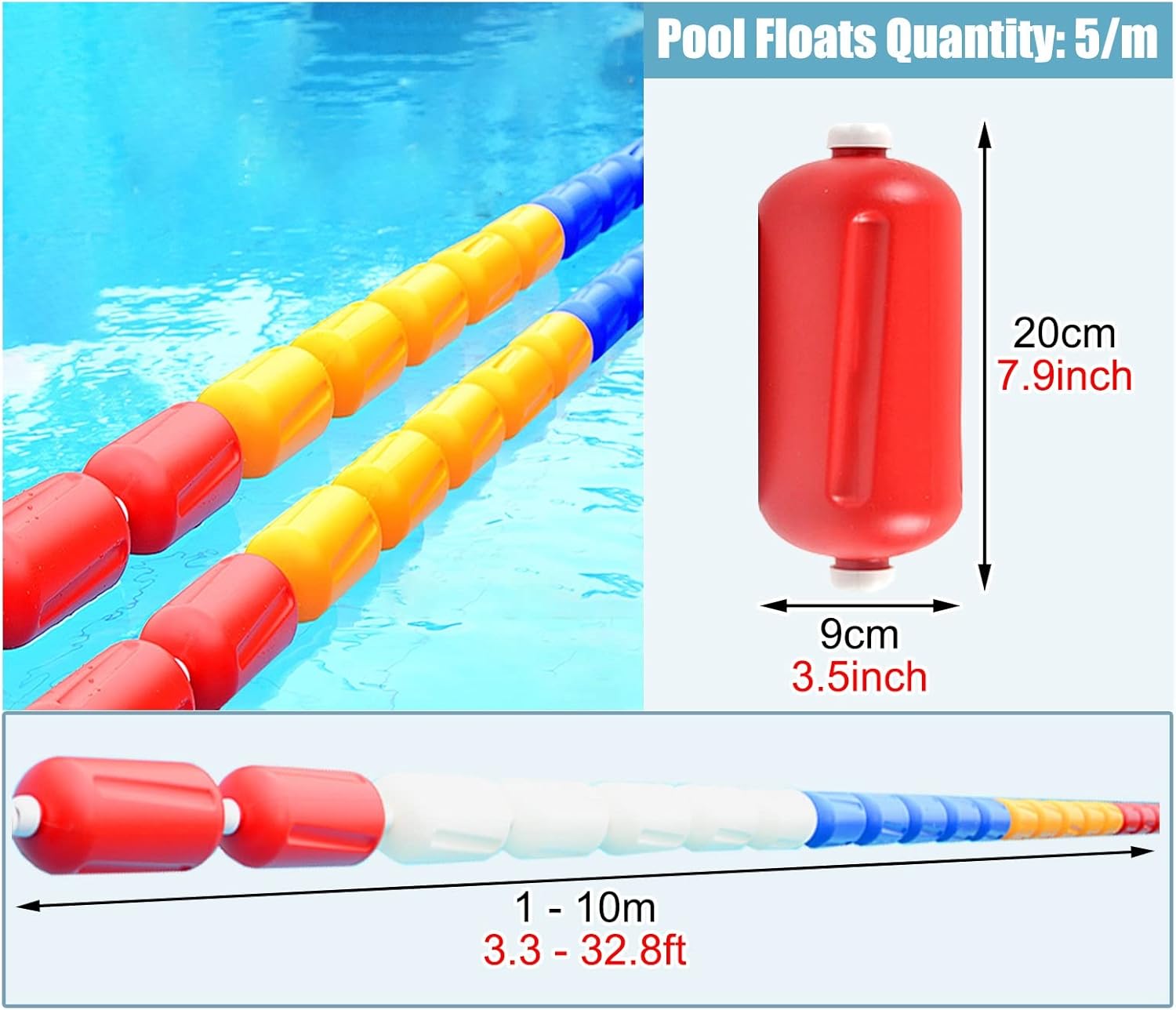 Safety Rope Float Keepers with Buoy, Swimming Pool Rope Floats to Divide Pool, for Dangerous Area, Household Gym, Deep Shallow End, Garden,Nylon Rope Style-1m/3.3ft