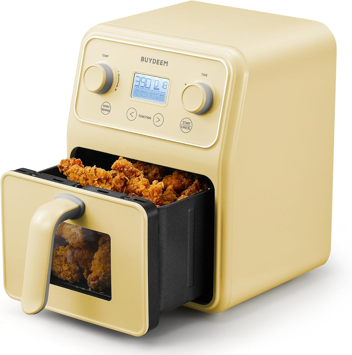 BUYDEEM F51 Air Fryer, Visible Window, One-Touch Control with LCD Display | Retro Countertop Airfryer Oven with Visible Window, Shake Reminder, One-touch Control with LCD Display, Cozy Greenish