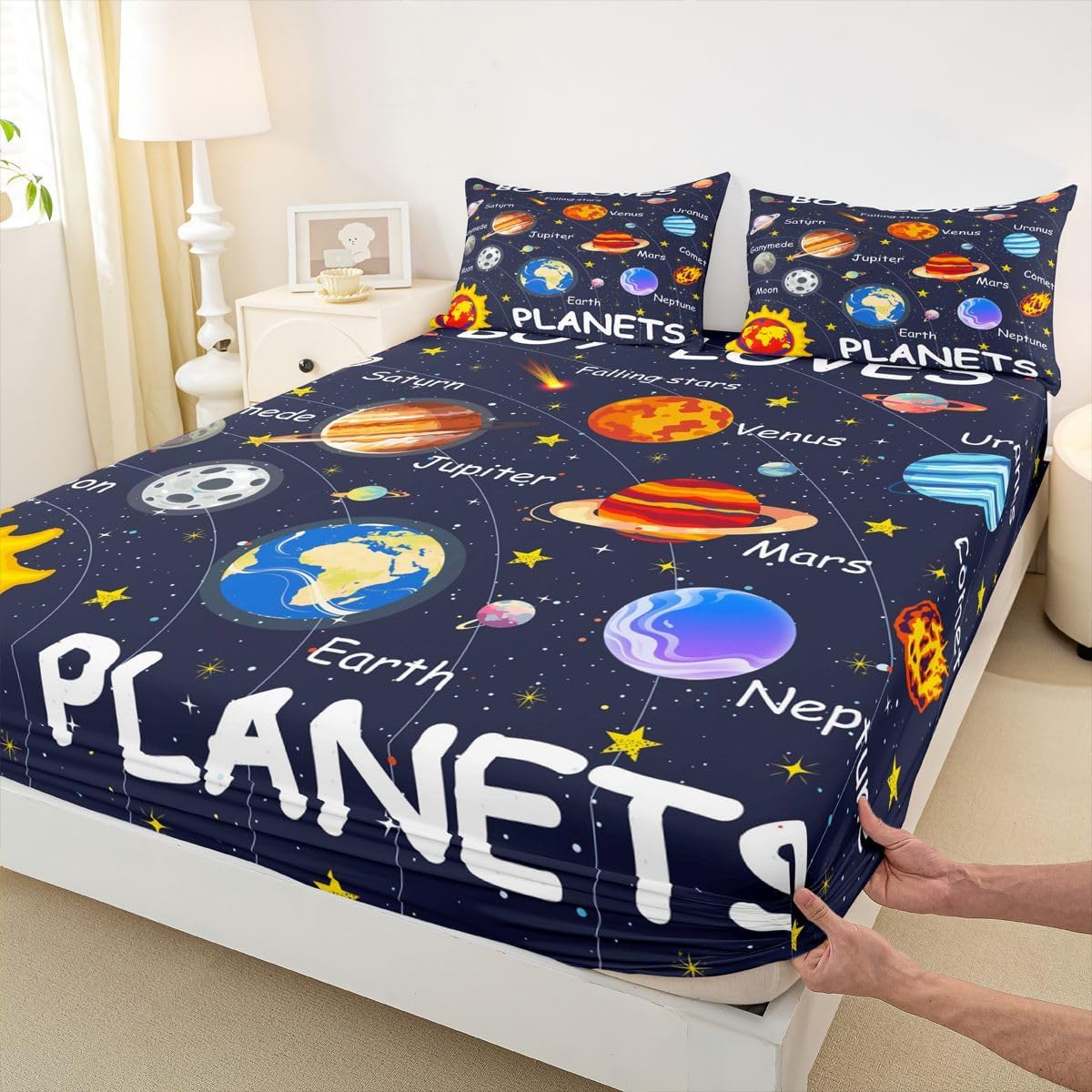 Feelyou Kids Solar System Sheet Set King Size Outer Space Bed Sheets Set for Boys Girls Teens Bedroom Decor Universe Planets Sheets with Deep Pocket Fitted Sheet Women Men Galaxy with 2 Pillow Case