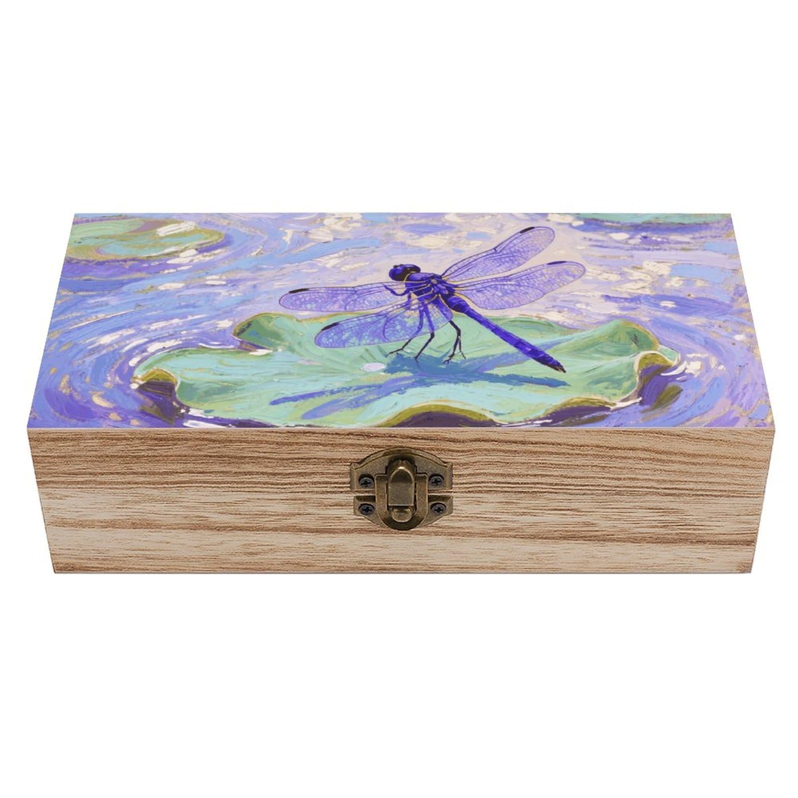 Oudrspo Water Lily Dragonfly Wooden Keepsake Box Decorative Memory Storage Box with Hinged Lid Small Jewelry Keepsake Boxes for Storing Gift Pictures Letters Time Capsule