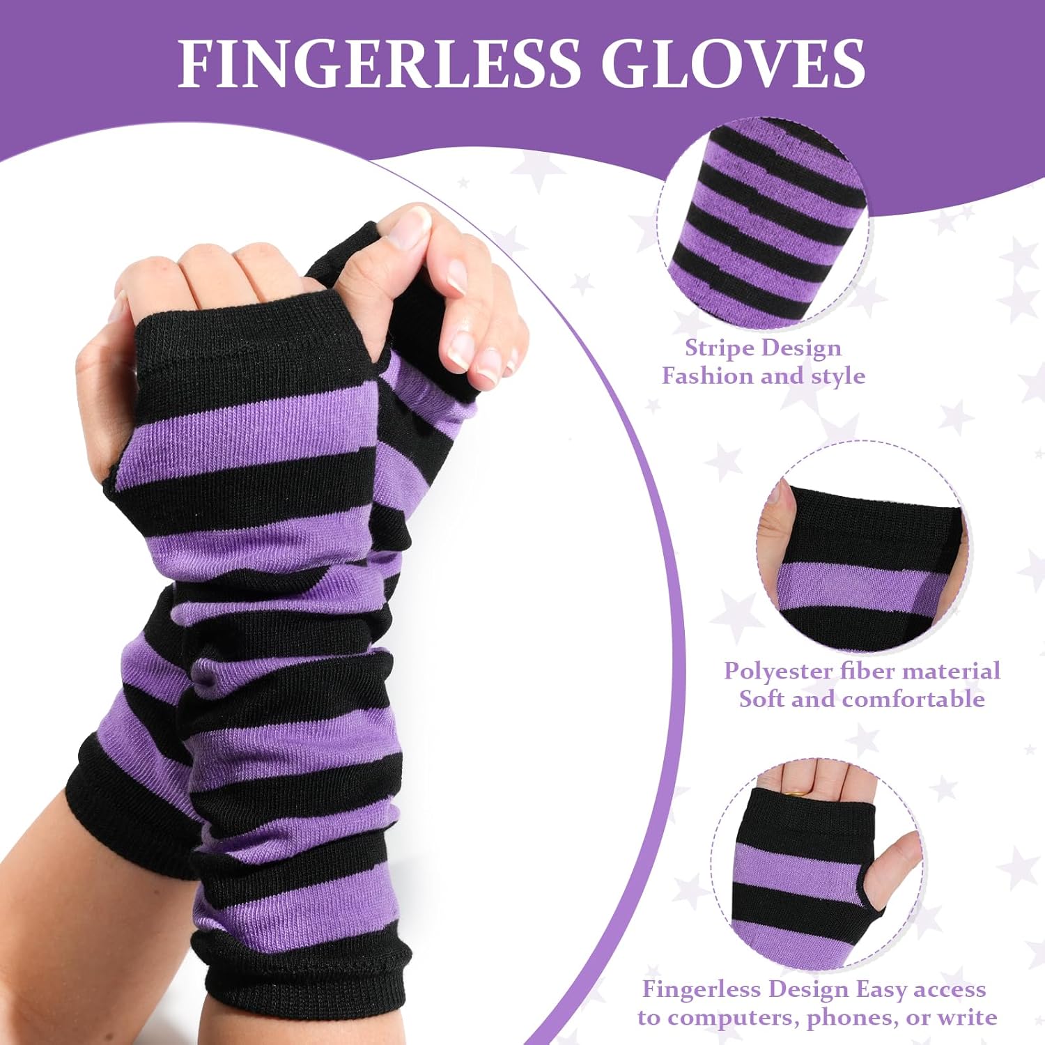 2Pairs Y2K Leg Warmers for Women, Striped Leg/Arm Warmer & Fingerless Gloves Set, Star Streetwear Leg Cover for Rave - Image 3