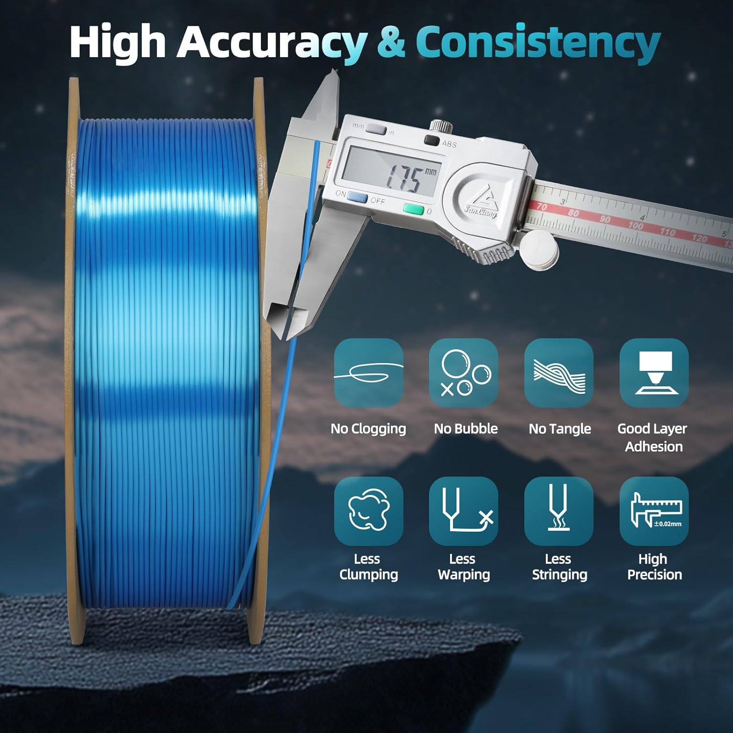 Silk Blue PLA Filament 1.75mm, 3D Printer Filament Silk PLA 1KG Spool (2.2lbs) Dimensional Accuracy Probability +/- 0.02mm Fits for Most FFF 3D Printers - Blue PLA Silk - Image 3