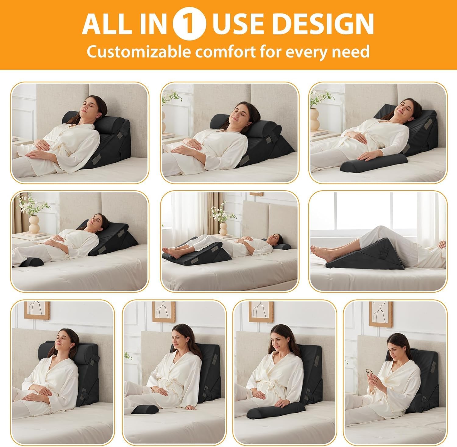 Adjustable Memory Foam Wedge Pillow with Headrest for Back Support for Bed, 12 in 1 Versatile Design for Sleeping, Leg Lift with Removable Cover (22x22x12