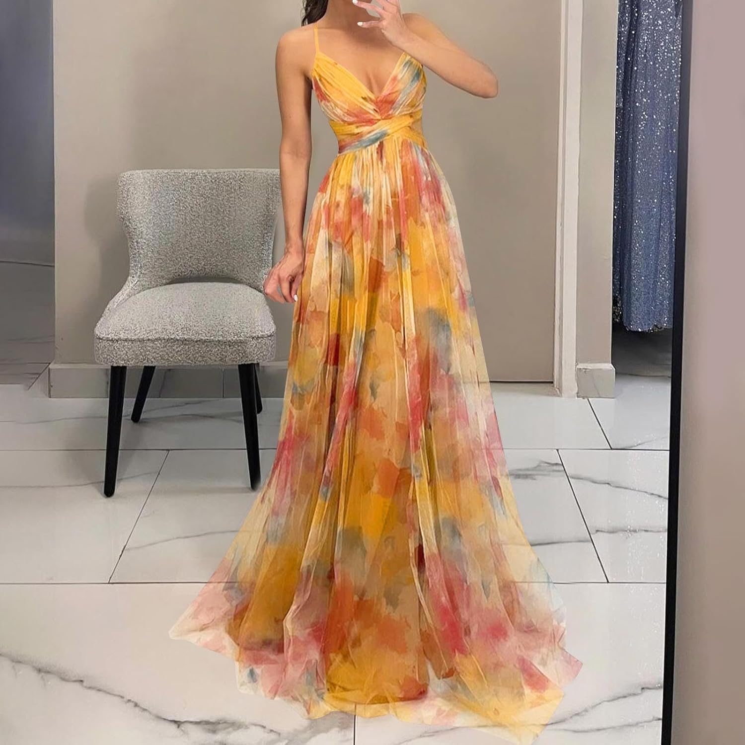 Womens Spaghetti Strap Maxi Dress Sleeveless V Neck Wrap Dresses Evening Party Wedding Guest Prom Cocktail Dress