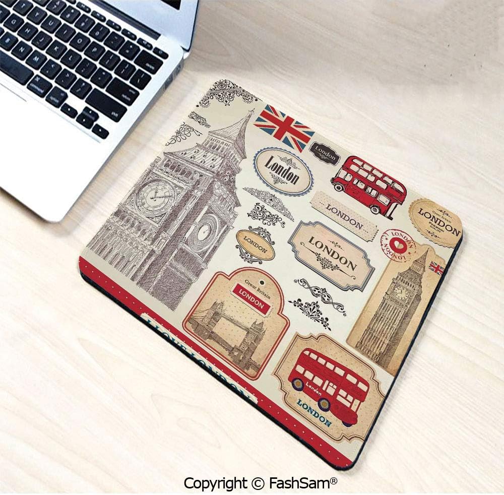 Personalized 3D Mouse Pad Conventional British Characteristics Big Ben Red Bus Tower and Bridge Banner for Laptop Desktop(W9.85xL11.8)