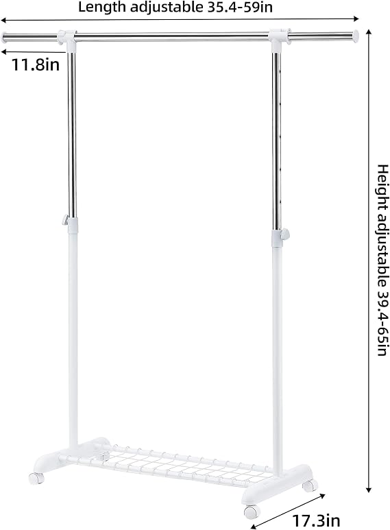 LiaMeE Adjustable Clothing Rack for Hanging Clothes, Heavy Duty Garment Rack with Wheels,Free Standing Rolling Clothes Rack with Shelf & Grid, Easy Assembly Standard Rod, White & Chrome