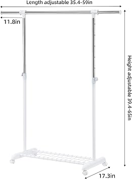 LiaMeE Adjustable Clothing Rack for Hanging Clothes, Heavy Duty Garment Rack with Wheels,Free Standing Rolling Clothes Rack with Shelf & Grid, Easy Assembly Standard Rod, White & Chrome