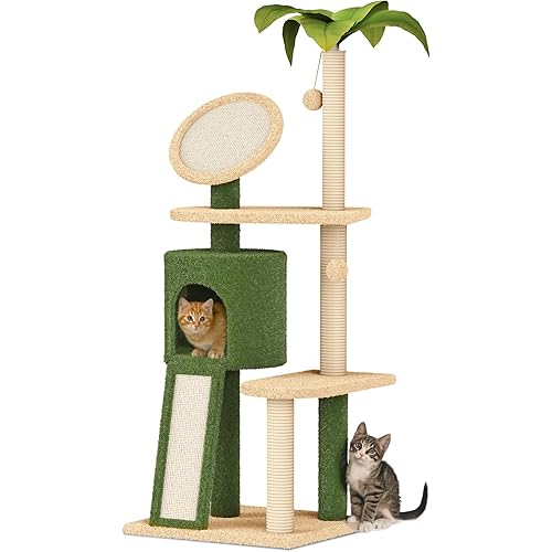 50" Cat Tree Tower Condo for Indoor Cats with Green Leaves,Cute Cat Tall Tower w/Multi-Level Cat Scratching Post, Hammock, Dangling Ball, Stand House Condo Funny Toys Kittens Pet Play House-Green