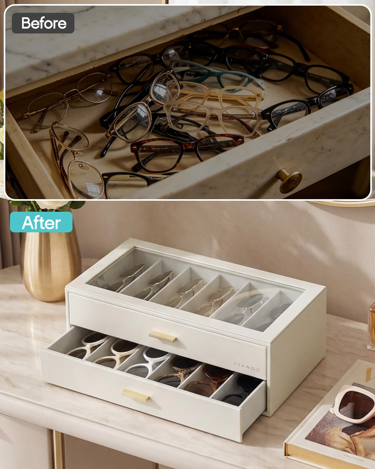 VLANDO Sonnenbrillen Aufbewahrung 2 Etagen, Brillen Aufbewahrungsbox mit Transparentem Glasdeckel für 12 Brillen, Sonnenbrillen Organizer zur Aufbewahrung Mehrerer Brillen, Beige