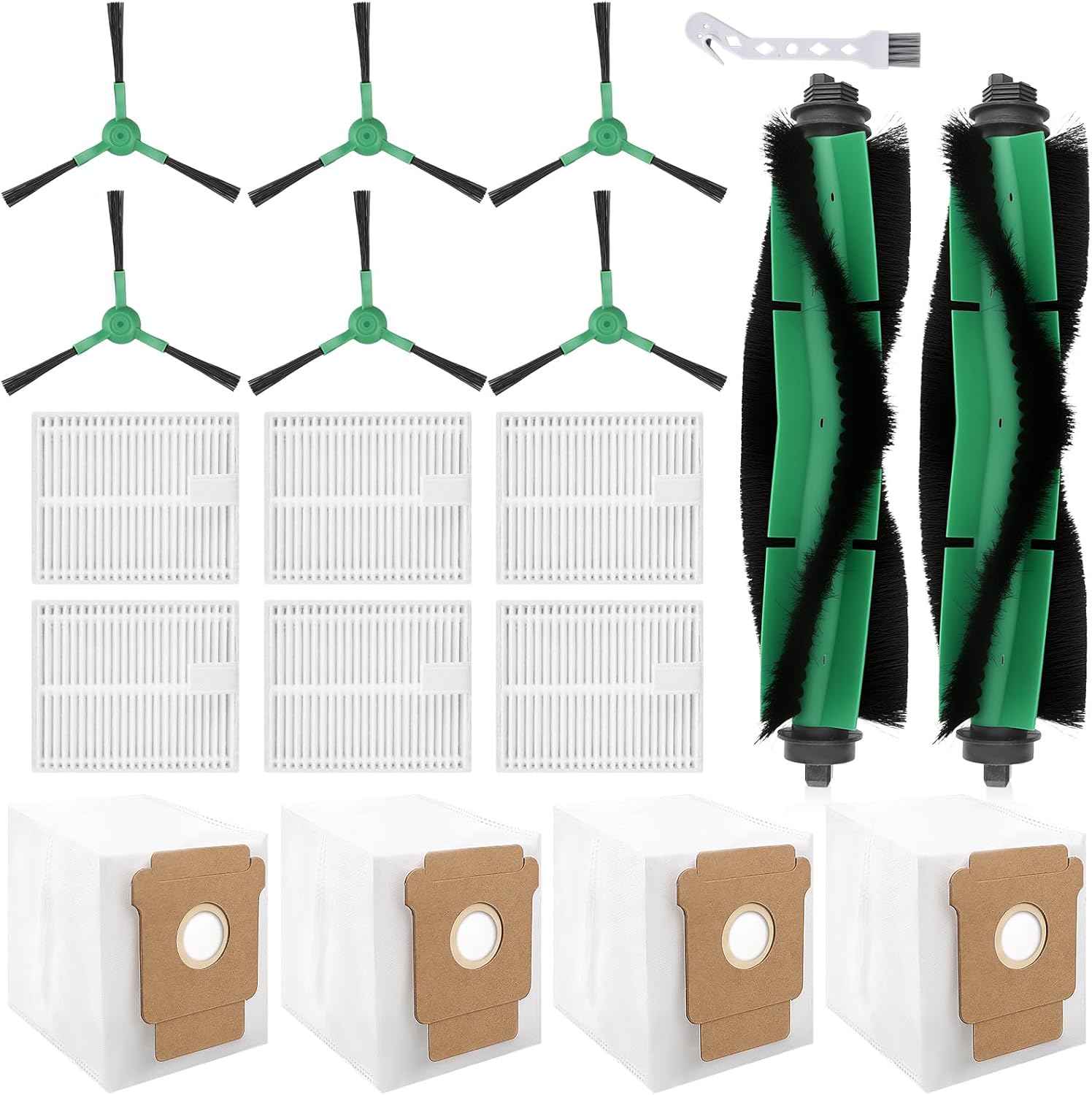 19 PCS Q0520 Replacement Parts for iRobot Roomba 104/Q0520/Q052/105 Vac/105 Combo Vacuum,2 Roller Brush, 6 Side Brushes, 6 HEPA Filters, 4 Dust Bags and 1 Clean Brush