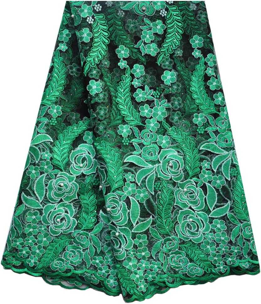 SanVera17 African Lace Net Fabrics Nigerian French Fabric Rope Embroidered and Manual Beading Guipure Cord Lace for Party Wedding 5 Yards (Green)