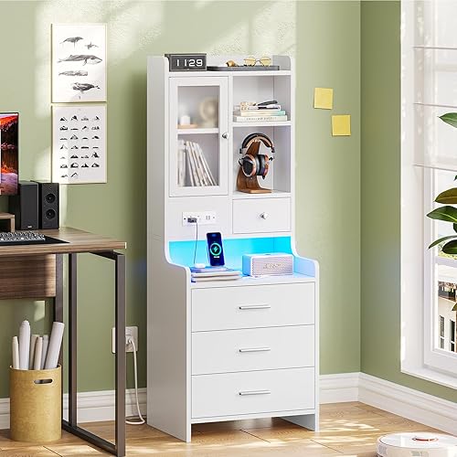 Miniatura 7 de ADORNEVE - Mesita de noche alta con estación de carga y luces LED, mesita de noche de 49.2" con estantería, mesa de noche blanca con cajones, mesa