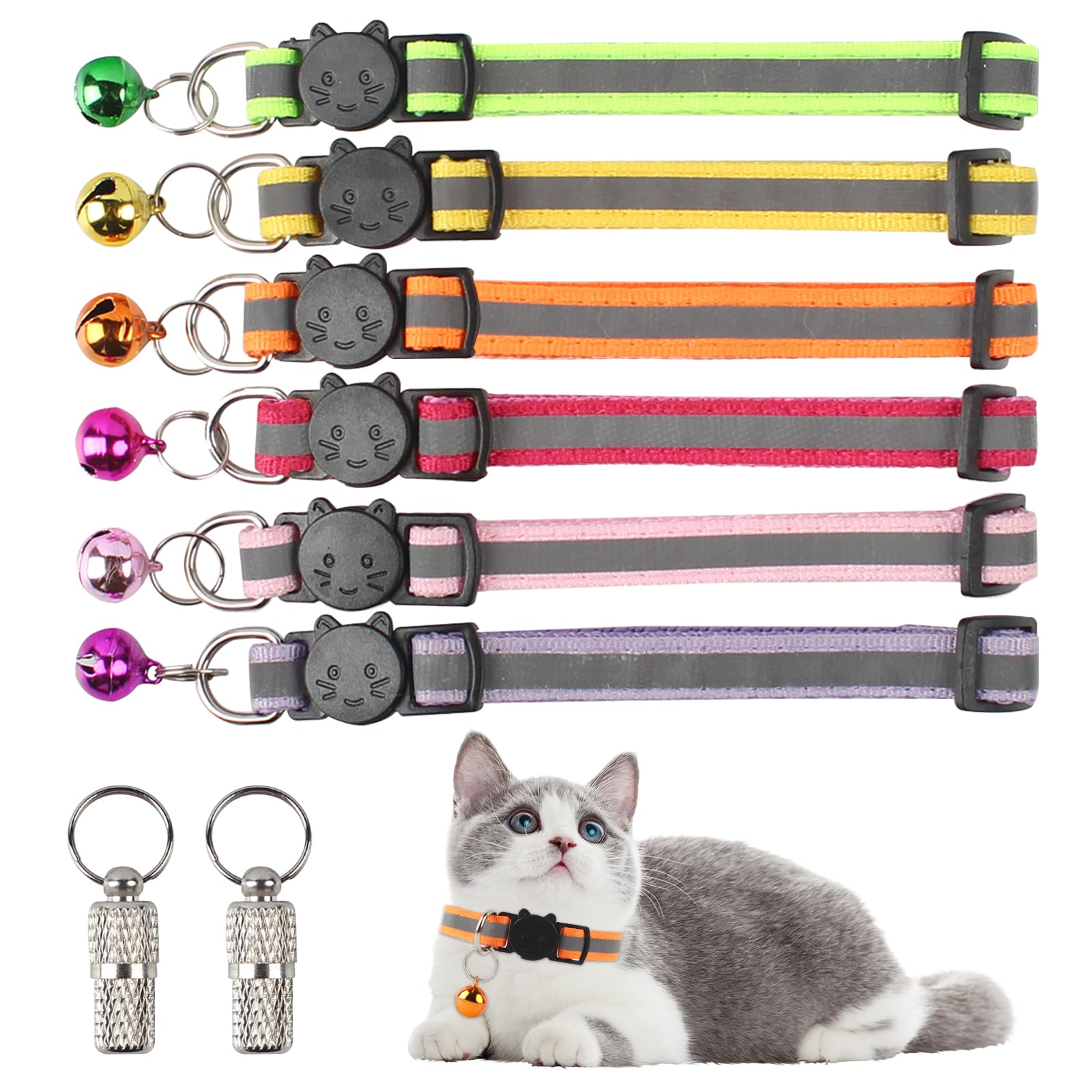 6 Pieces Reflective Cat Collar, Adjustable Cat Collar with Bell, Safety Collars for Cats Quick Release, Reflective Collar Cats with Anti-Loss Tags for Outdoor