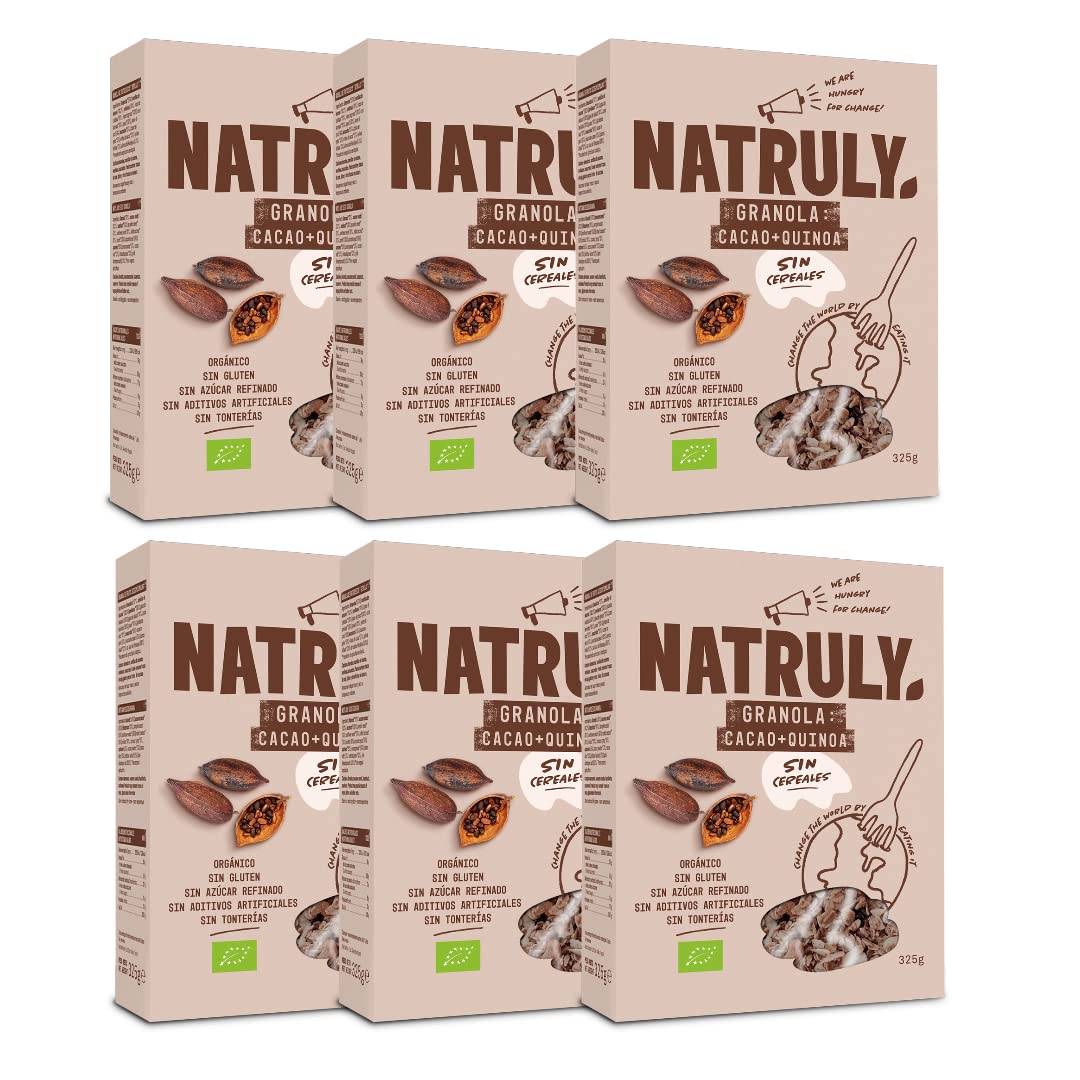 NATRULY Granola BIO Sin Azúcar Refinado, Sin Gluten, Solo Frutos Secos y Semillas, Sin Cereales, Sabor Cacao - Pack 6x325g
