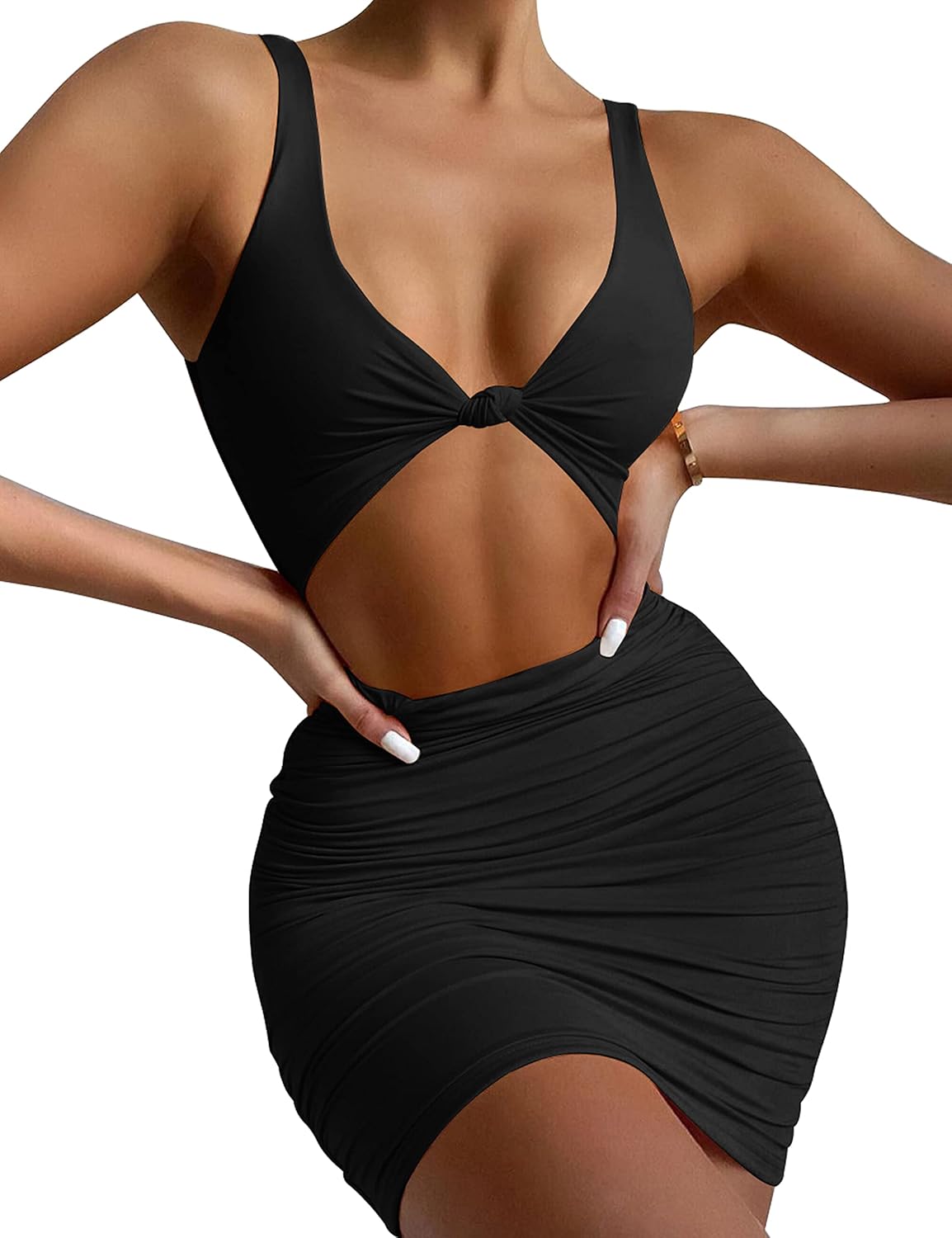 Kaximil Women's Sexy Bodycon Sleeveless Cut Out Ruched Tank Mini Club Party Dresses - Image 4