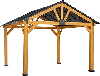 Outsunny 11' x 13' Hardtop Gazebo with Galvanized Steel Roof, Wooden Frame, Permanent Pavilion Outdoor Gazebo with Ceiling Hook for Garden, Patio, Backyard, Lawn
