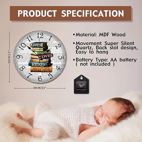 Miniatura 7 de Doffed - Reloj de pared de madera para biblioteca, reloj de pared de madera con leyó libros de 12 pulgadas, funciona con pilas, decoración de pared
