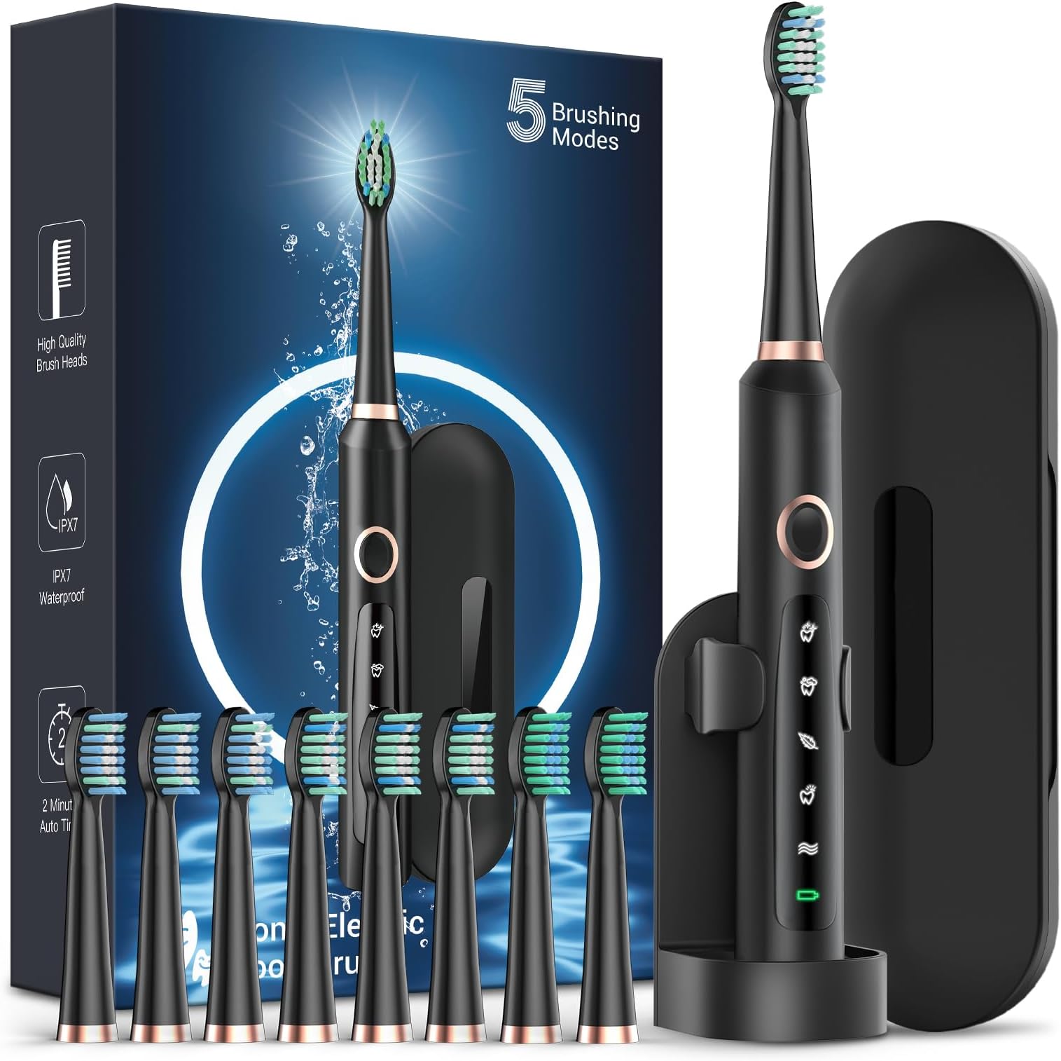 Sonic Electric Toothbrush for Adults - Rechargeable Electric Toothbrush with 8 Brush Heads & Travel Case,Teeth Whitening, Power Electric Toothbrush with Holder, 3Hours Charge for 120 Days - Black