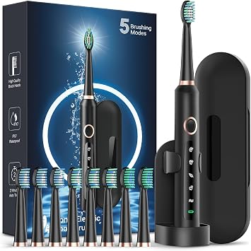 Rtauys M5 Electric Toothbrush for Adults - Sonic Electric Toothbrush for Kids and Adults with 8 Brush Heads & Travel Case, 120 Days Battery Life - Black