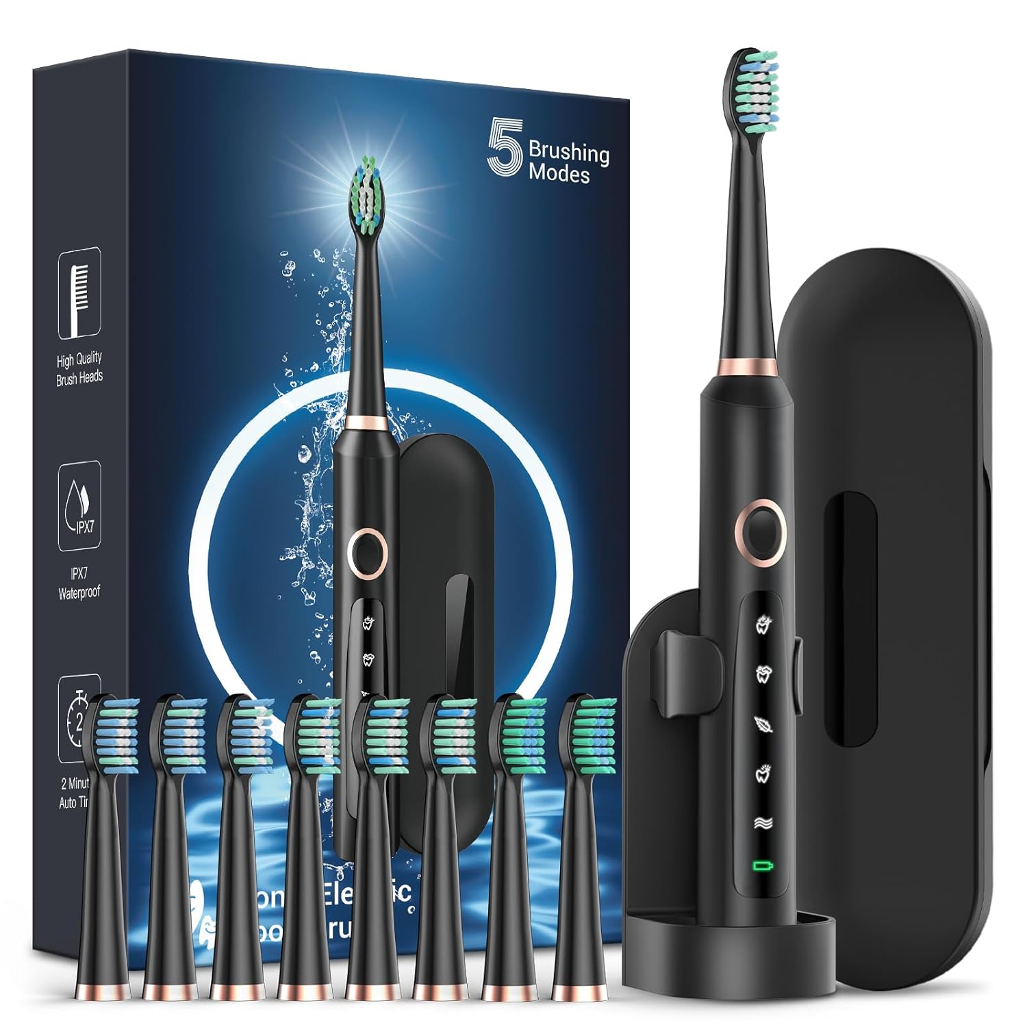 M5 Electric Toothbrush for Adults - Sonic Electric Toothbrush for Kids and Adults with 8 Brush Heads & Travel Case, 120 Days Battery Life - Black