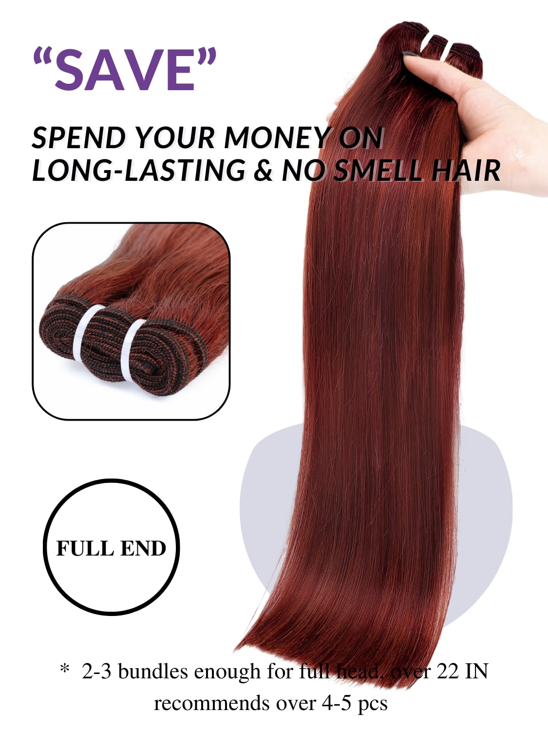 13A Double Drawn Reddish Brown Bundles Straight Human Hair 16 Inch, 100% Real Raw Human Hair Full and Thick #33B Copper Red Auburn Brown Colored Single Bundles for Quick Weave Sew In