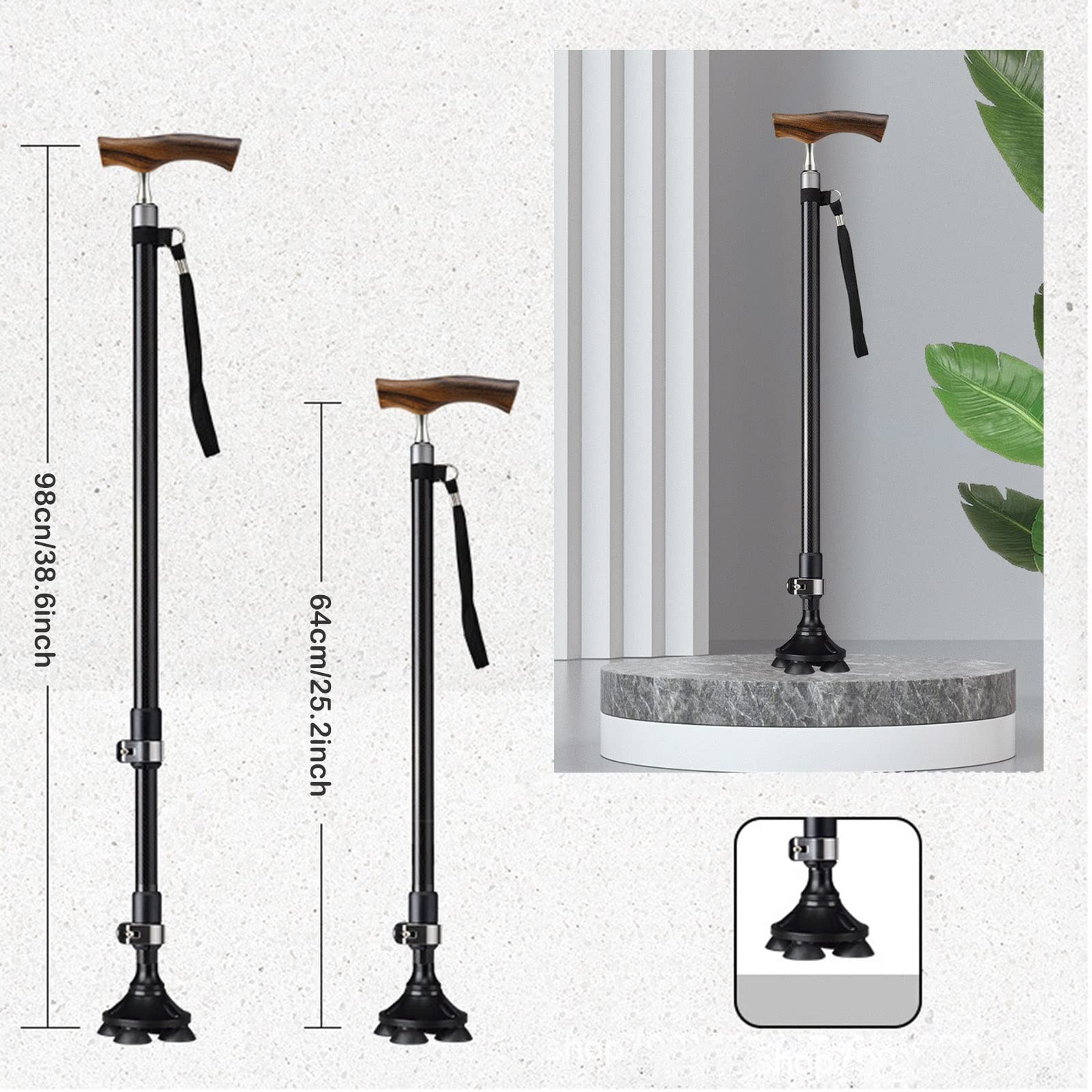 Bastón para Personas Mayores, Bastón Ajustable para Hombres Y Mujeres, Bastón de Fibra de Carbono, Bastón Autónomo con Base Cuádruple, para Artritis discapacitados Y Ancianos