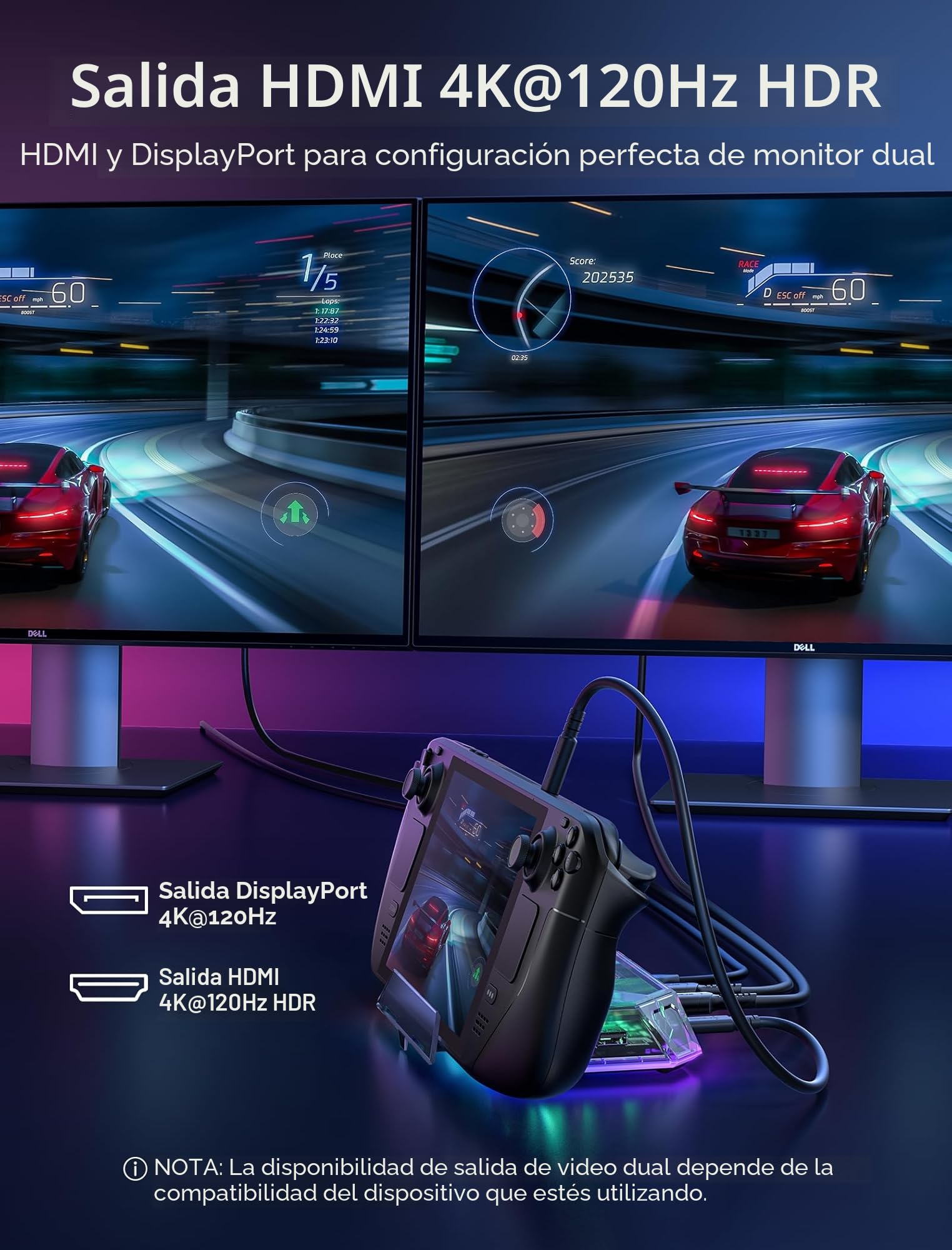 JSAUX RGB Docking Station Compatible con Steam Deck/ROG Ally/Legion Go, 12 en 1 Steam Deck Dock con 4K@120Hz HDMI & DisplayPort Gigabit Etherne USB-C 3.2 USB-A 3.2, Soporta VRR, ALLM, HDR - HB1201S | Base 12 en 1 para Steam Deck 4K a 120Hz HDMI y DisplayP