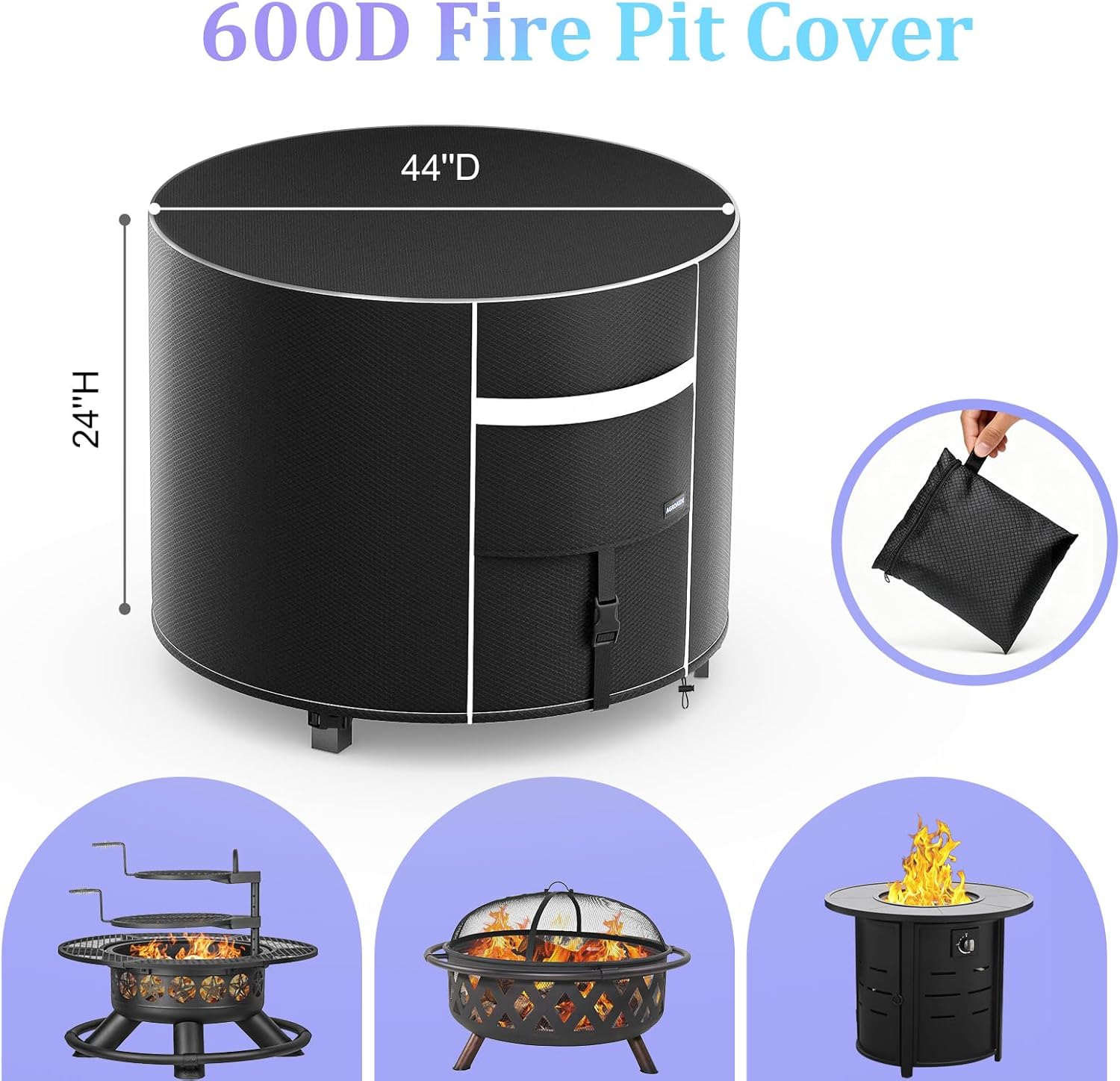Fire Pit Cover Round Super Waterproof, 44" D X 24" H [600D Diamond Texture Fabric] Strong Tear Resistant, UPF 50+ Fire Pit Covers Premium Fading Resistant for Outdoor Fire Pit Table- Black