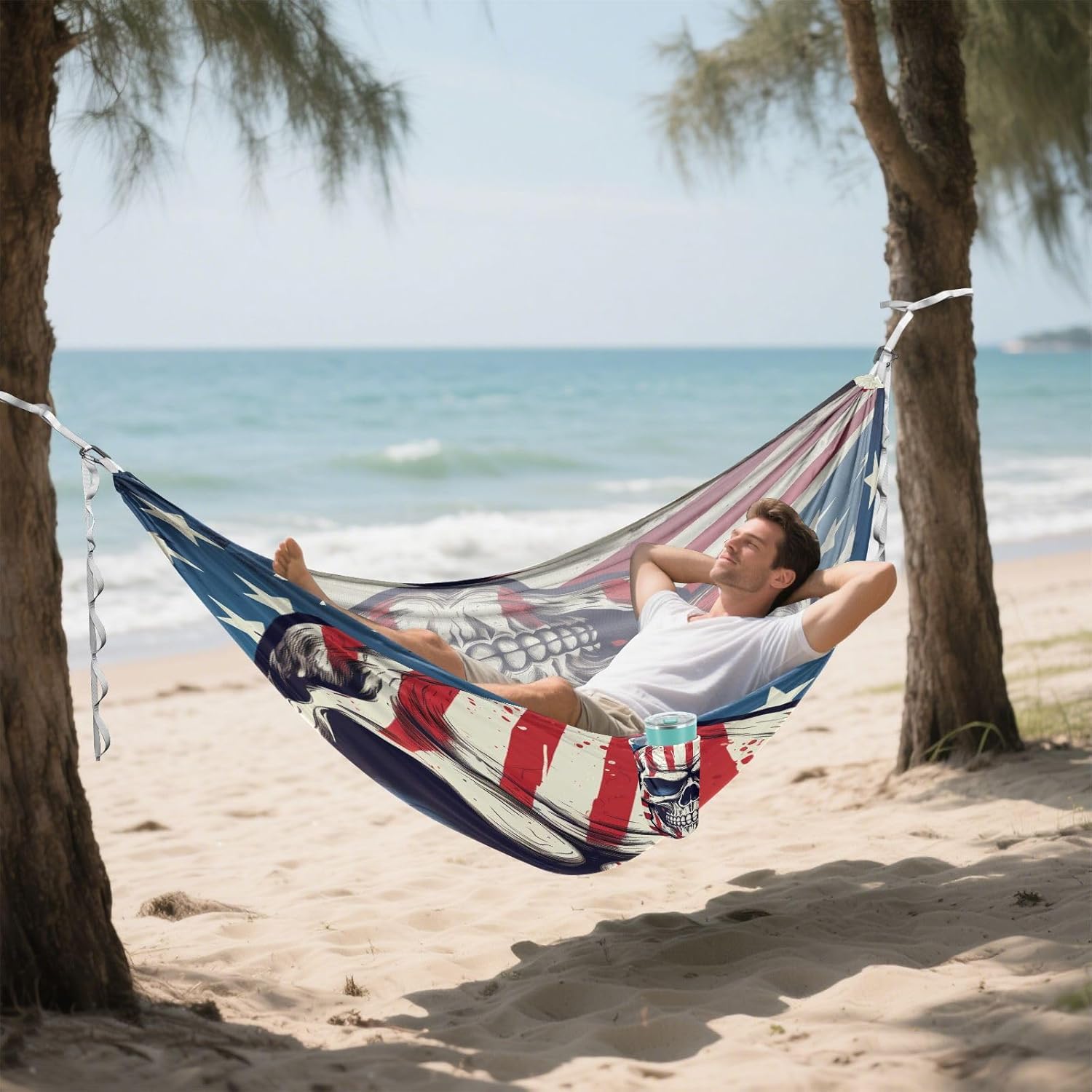 ALAZA American Flag Skull Camping Hammocks Single or 2 Person 500 lbs Portable Parachute Travel Hammock w/Tree Straps for Hiking Backpacking Indoor Outdoor