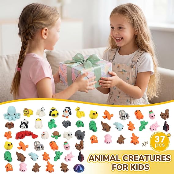 37Pcs 3D Printed Animals, Mini 3D Printed Animals, Cute 3D Printed Fidget Toy, Movable Joint 3D Printed Toys for Home Office Desk Decoration Party Favors Toys