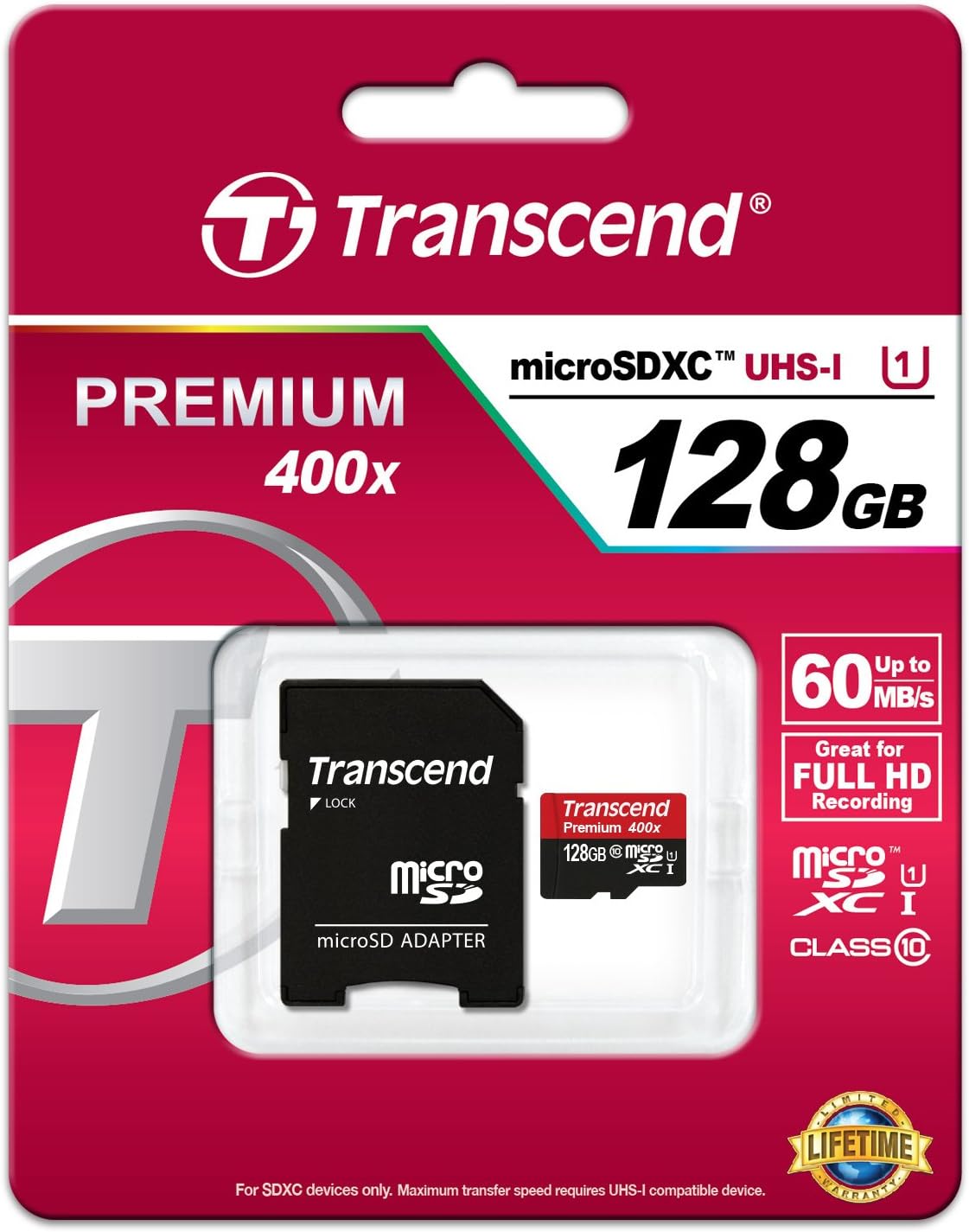 Transcend 128GB MicroSDXC Class10 UHS-1 Memory Card with Adapter 60 MB/s (TS128GUSDU1P)