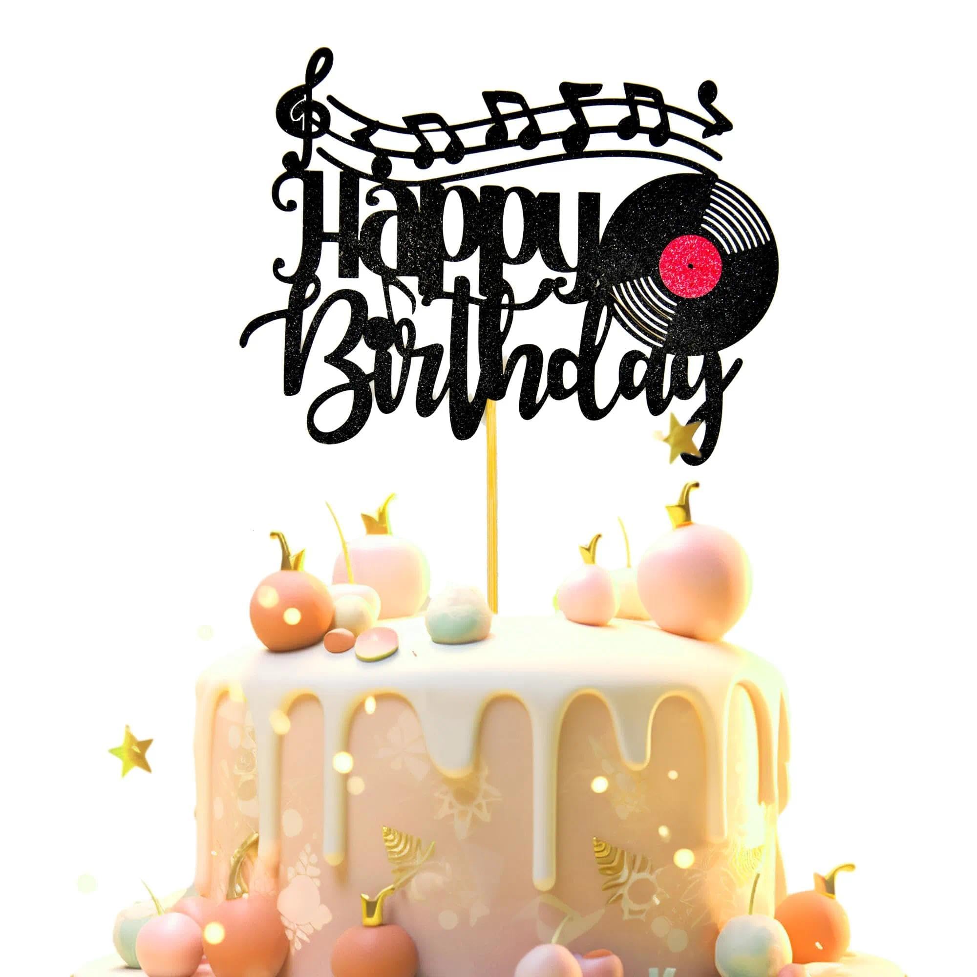 Music Themed Birthday Cake Decoration - Black Glitter Vinyl Record Cake Topper - Party Cake Decorations