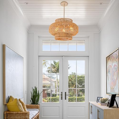 Miniatura 70 de Lámpara de ratán estilo bohemio, lámpara de techo de ratán empotrada, lámpara de techo tejida pequeña de madera, candelabro de ratán