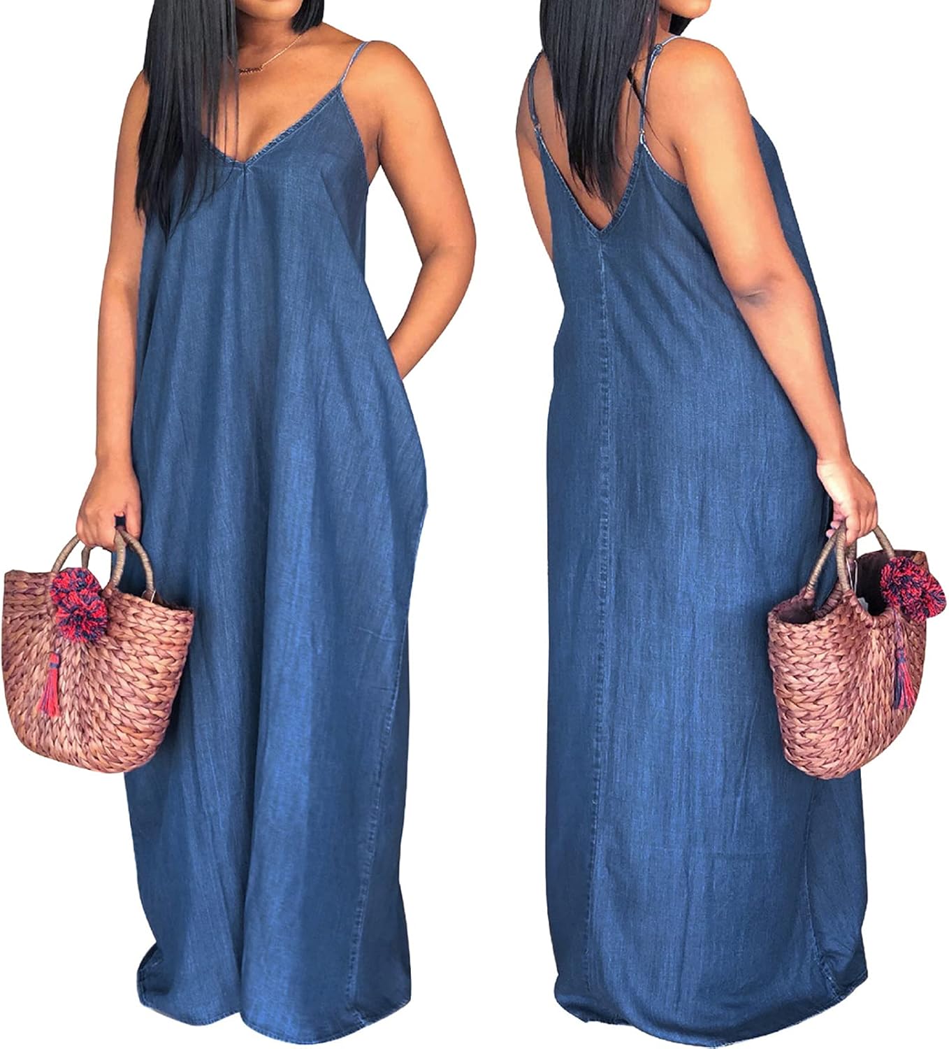 SeNight Women's Sexy Maxi Denim Dresses Casual Spaghetti Strap Striped Long Sundress Wiht Pockets - Image 6