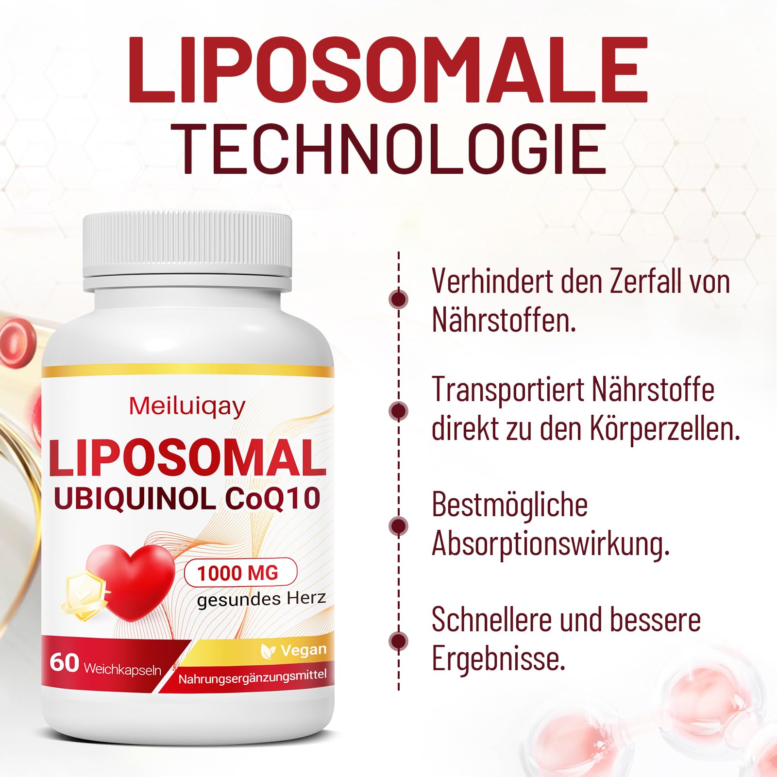 Liposomales CoQ10 Ubiquinol 1000 mg– Aktive Form, Hochdosierte Coenzym Q10 Kapseln– Ohne Gentechnik, Soja & Gluten, Vegan, Leicht zu Schlucken, 60 Weichkapseln