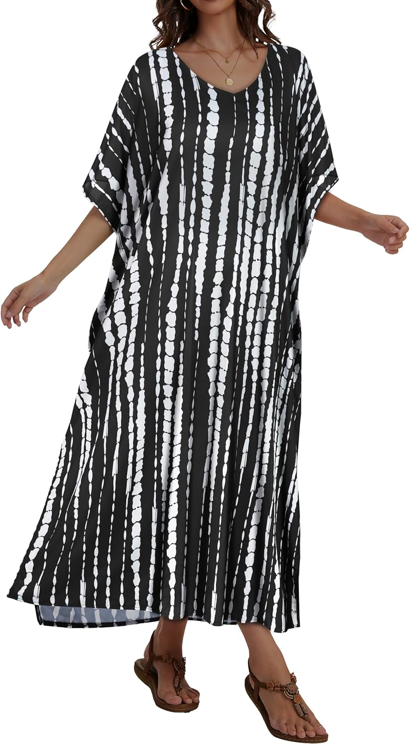 Kaftan Dresses for Women Plus Size V Neck Caftan Long Batwing Sleeve Swimsuit Cover Up Beach Swimwear - Image 4