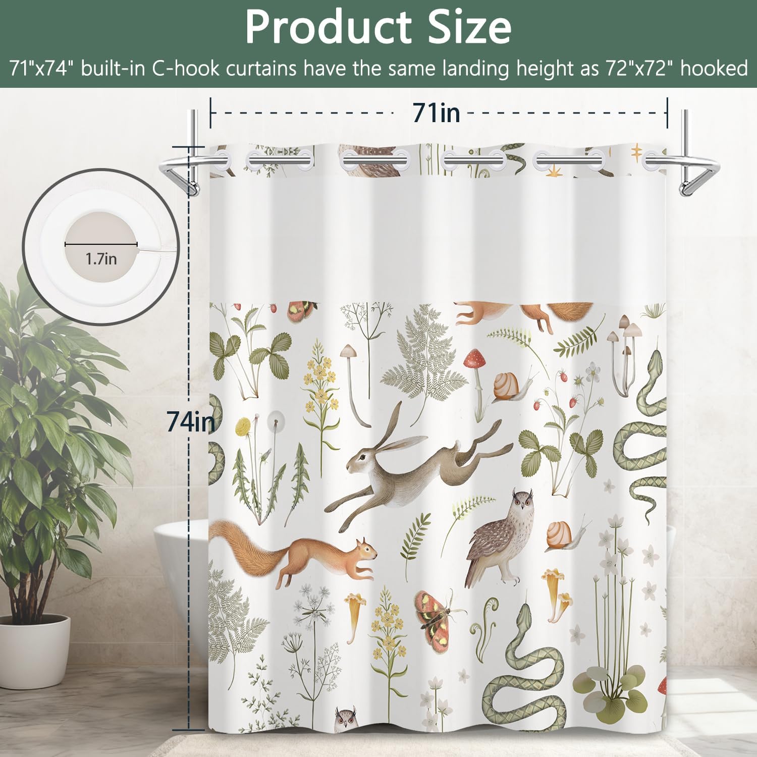 No Hook Rustic Forest Shower Curtain and Liner Set, Farmhouse Wild Animals Butterfly Woodland Bathroom Curtains, Waterproof Fabric Shower Curtain with See Through Top Window, 71x74 Inch