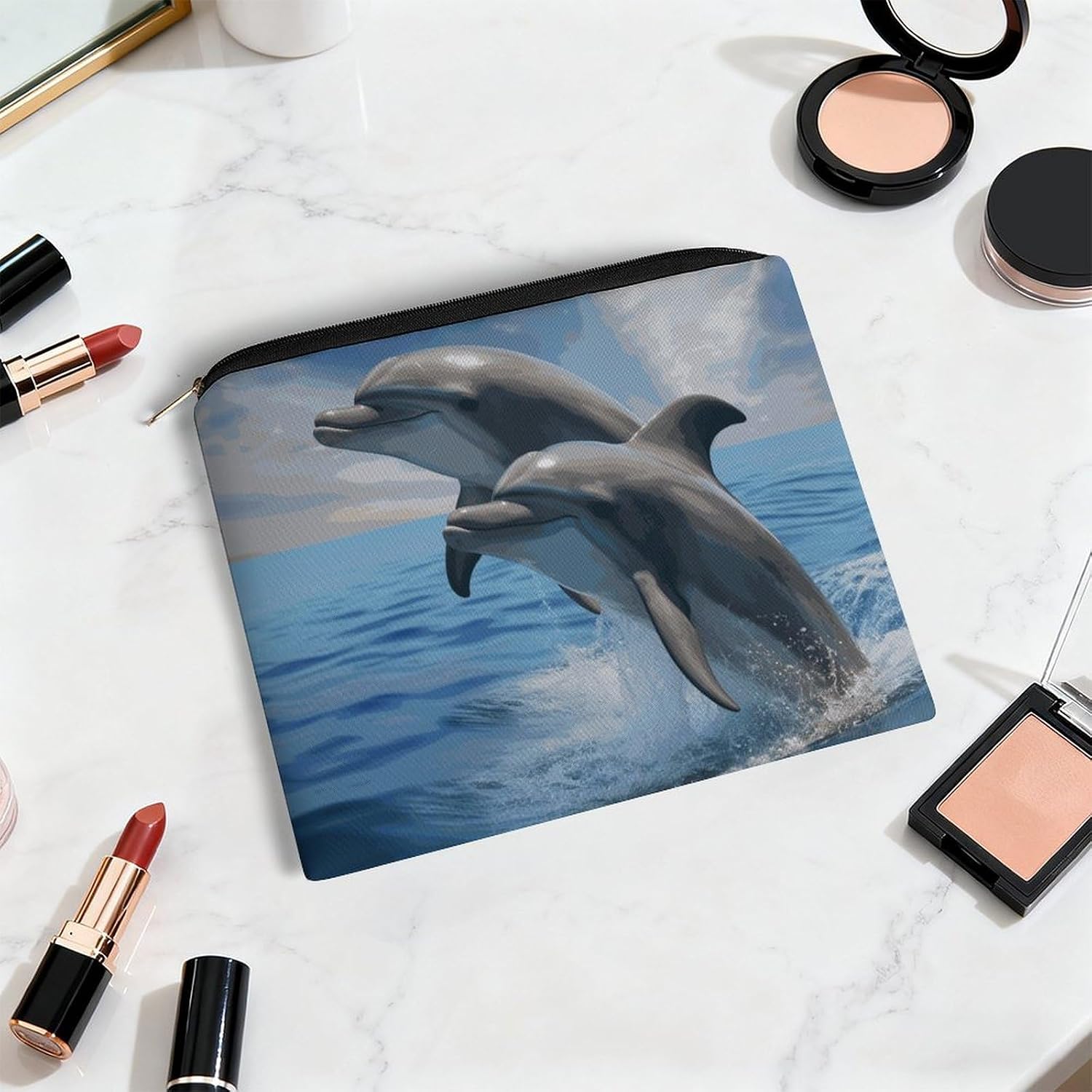 Lightweight Polyester Two Dolphins Makeup Bag with Zipper image 5