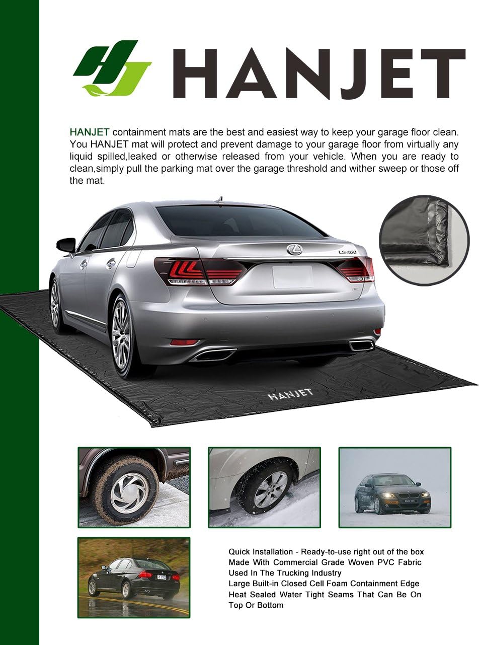 Hanjet Oil Mat for Garage Floor, Car Parking Mat Containment for Snow, Mud, Rain - 8' 6" x 20', Black : Automotive