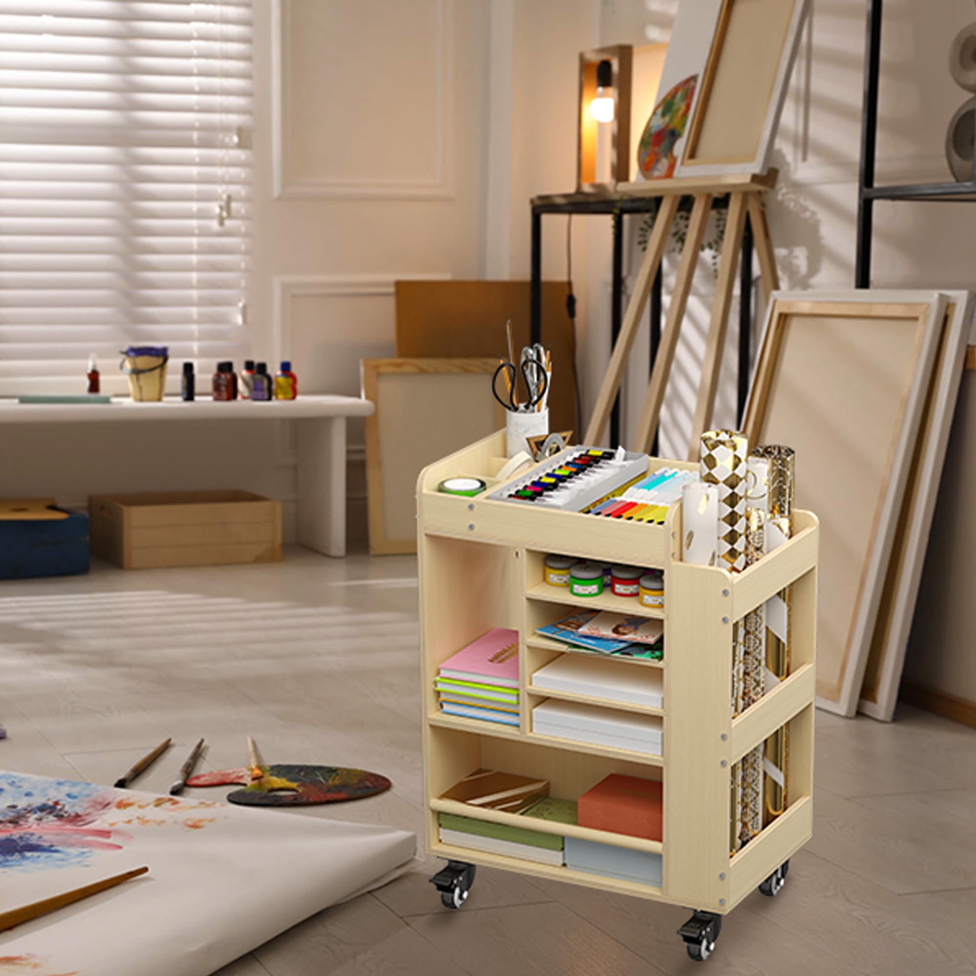 uyoyous Wózek artystyczny Rolling Wood, Arts & Craft Supplies Organizer, Wielofunkcyjna szafka do przechowywania Rzemiosła