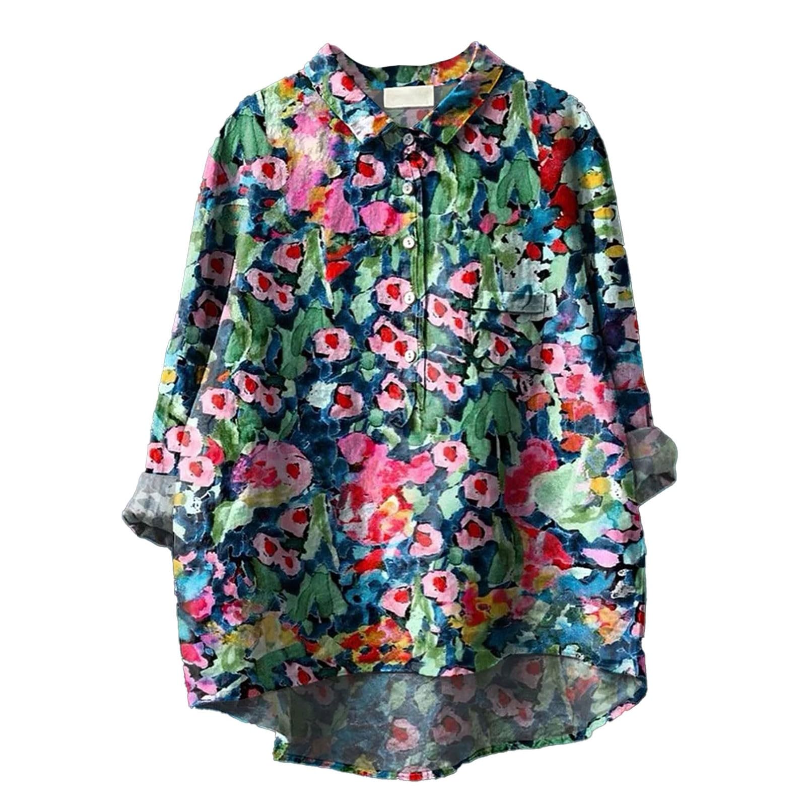 Ydsxlp Damen Bluse Leinen-Baumwolle - Blumenprint Oversized Kurzarm