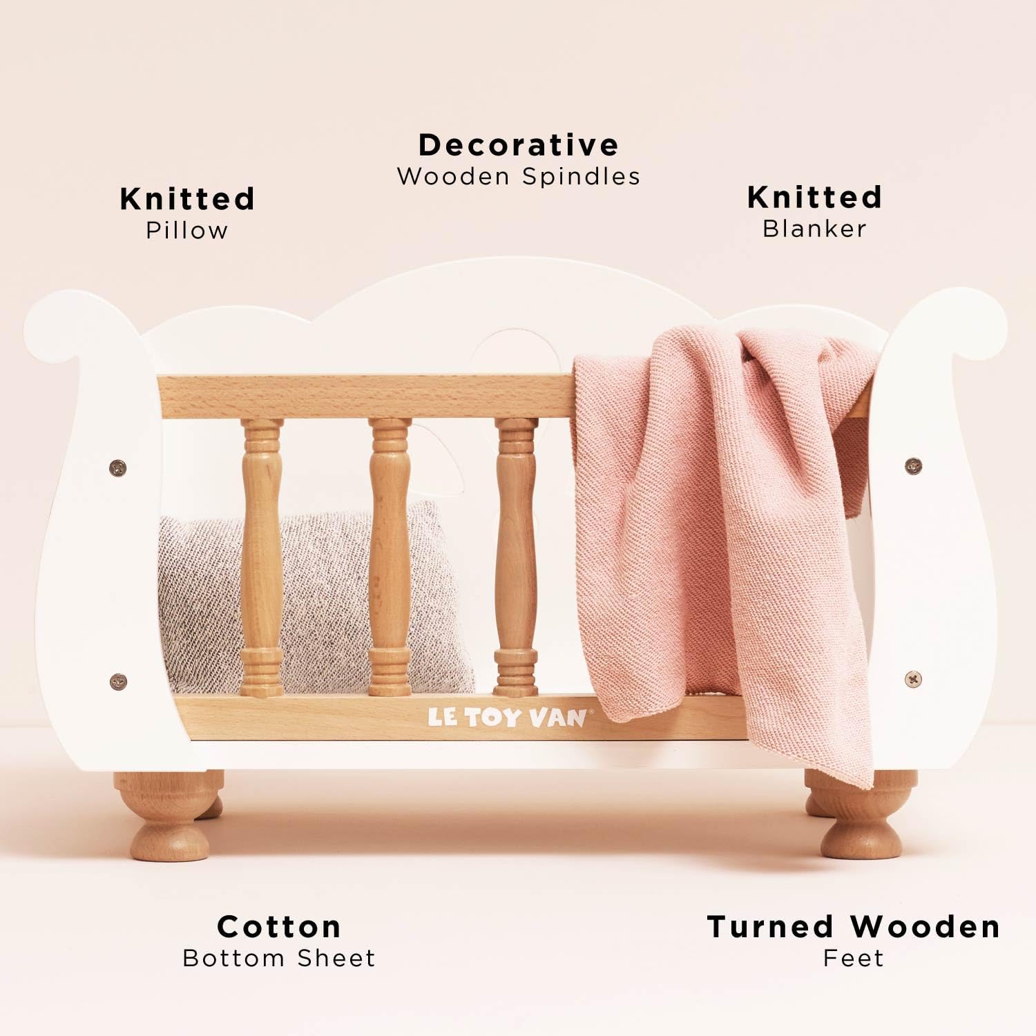 Le Toy Van - Educational Wooden Toy Role Play Beautiful Sleigh Doll Cot & Crib | Girls Pretend Play Toy Pram Playset - for Ages 3+