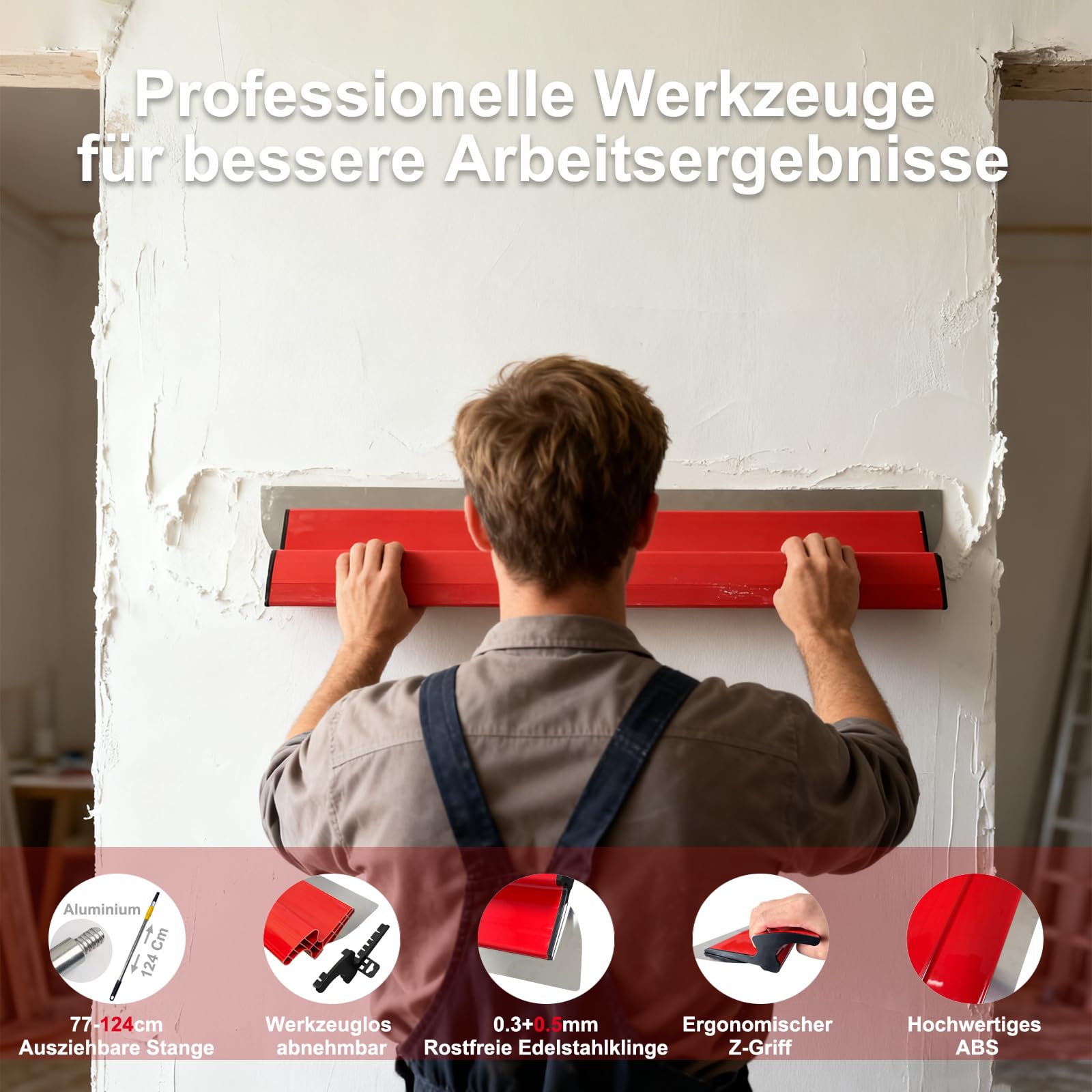 [10 PCS] Flächenspachtel Set Profi, 80 cm / 60 cm / 40 cm / 25 cm, Spachtel Set Werkzeug mit 0,3 & 0,5 mm Edelstahlklingen und 1,2 m Teleskopstange für Trockenbaubearbeitung Gipskartonplatten