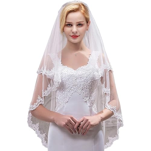 MisShow Women's Short 2 Tier Tulle Sheer Lace Wedding Bridal Veil with Comb