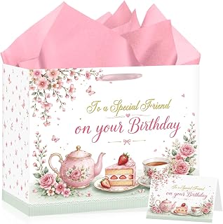 Papmiunm Afternoon Tea Birthday Gift Bag for Friend, Floral Teapot and Cake Wrapping Paper Bag, Vintage Tea Party Decoration Gift Bag with Ribbon Handle and Greeting Card for Party Supplies