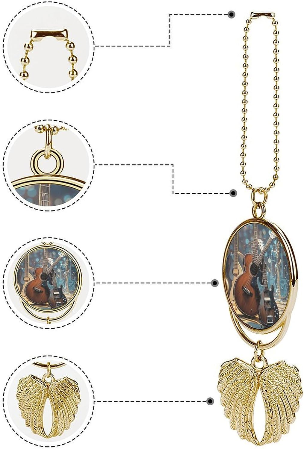Guardian Angel Wing Hanging Car Charms Car Hanging Ornament Guitar Bass Music Instruments Rear View Mirror Hanging Accessories Aesthetic Pendant for Automotive Interior Home Bag Purse Decoration-golde image 3